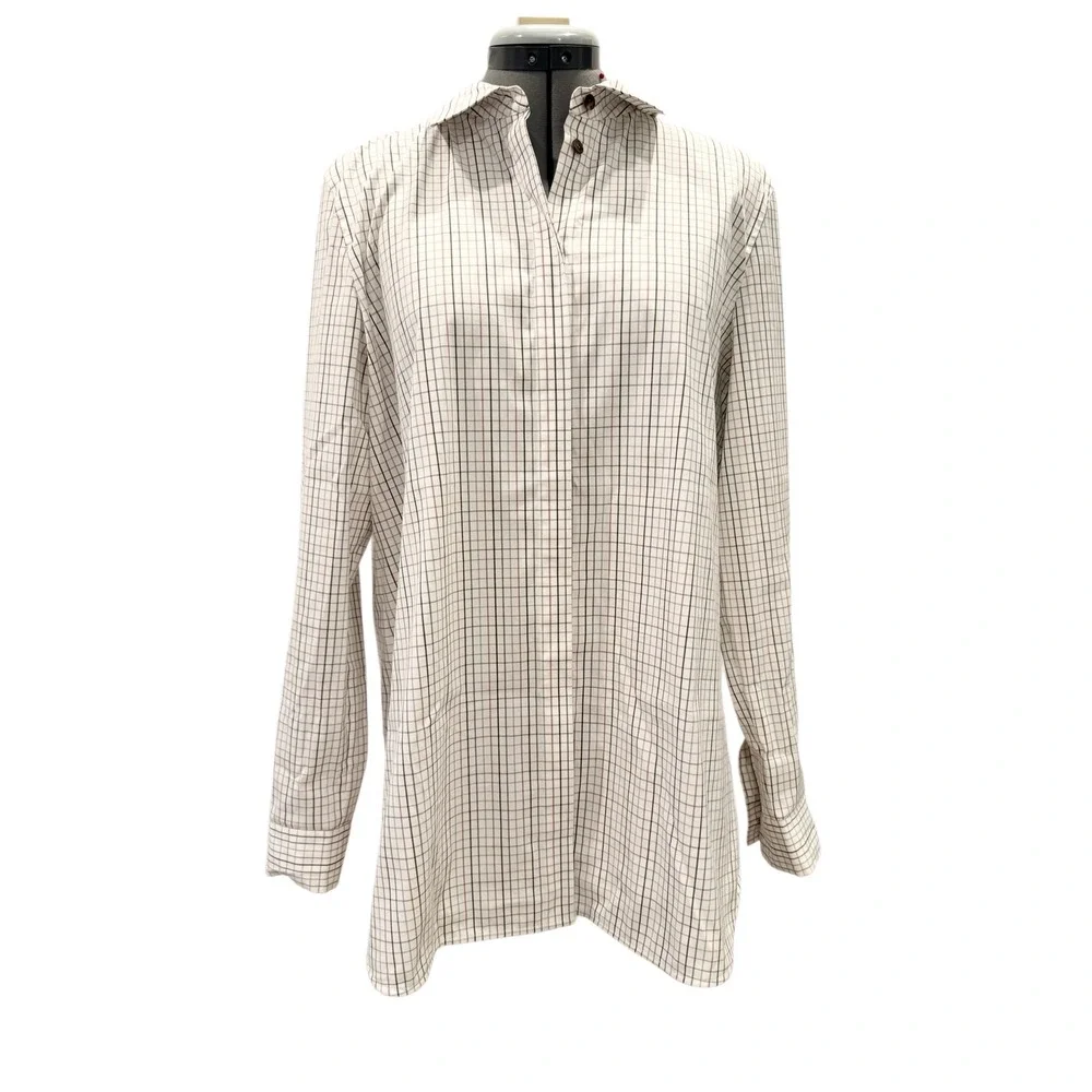 Lafayette 148 New York Womens M Grid Check Hidden Button Down Shirt White Multi - Picture 3 of 9